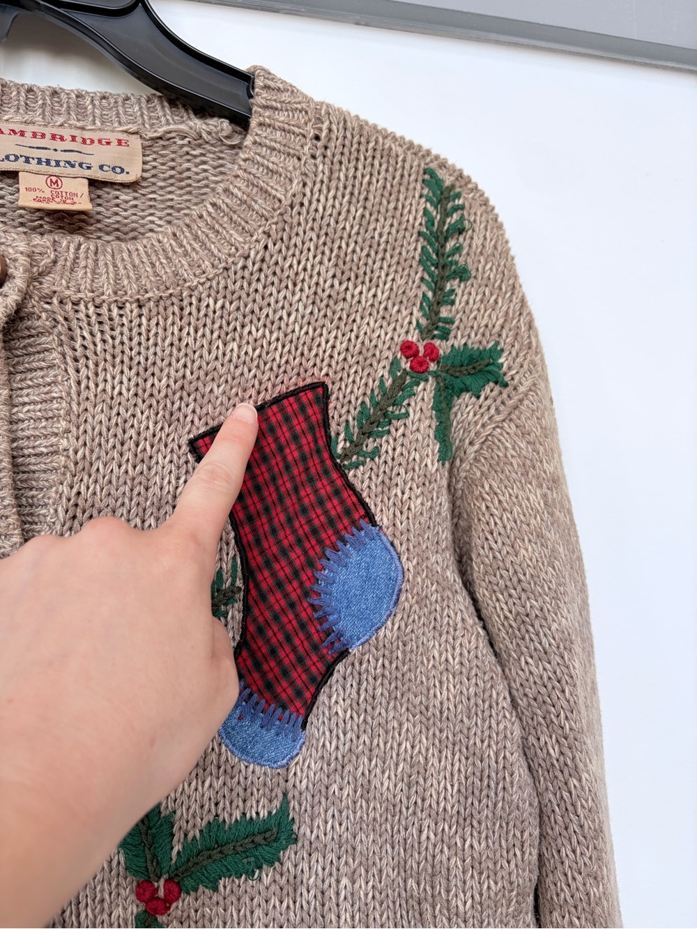 Vintage Cotton Knit Christmas Sweater Patchwork Unique Medium Button Cardigan - Picture 5 of 7